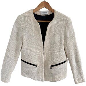 Sandro Paris Ivory Knit Jacket M Open Front Cotton Zip Pocket Blazer Woven Textu